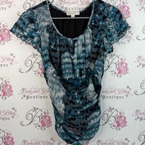 Cleo T-shirt ruffle trim abstract cinch detail Blue and Black Patterned Blouse